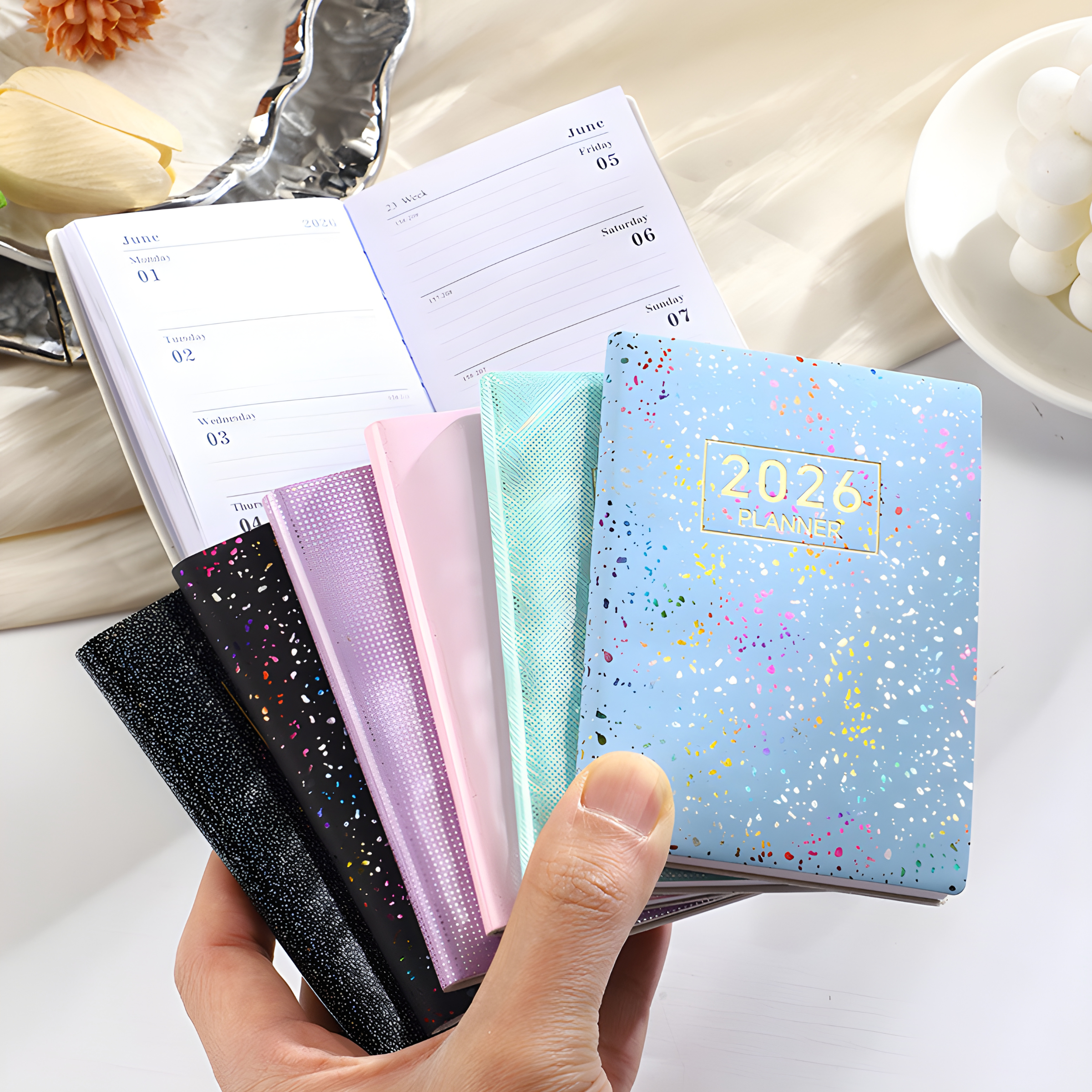 A7 English Diary – 2026 Laser Starlight Notebook with Colorful Leather Cover - Vision board shop